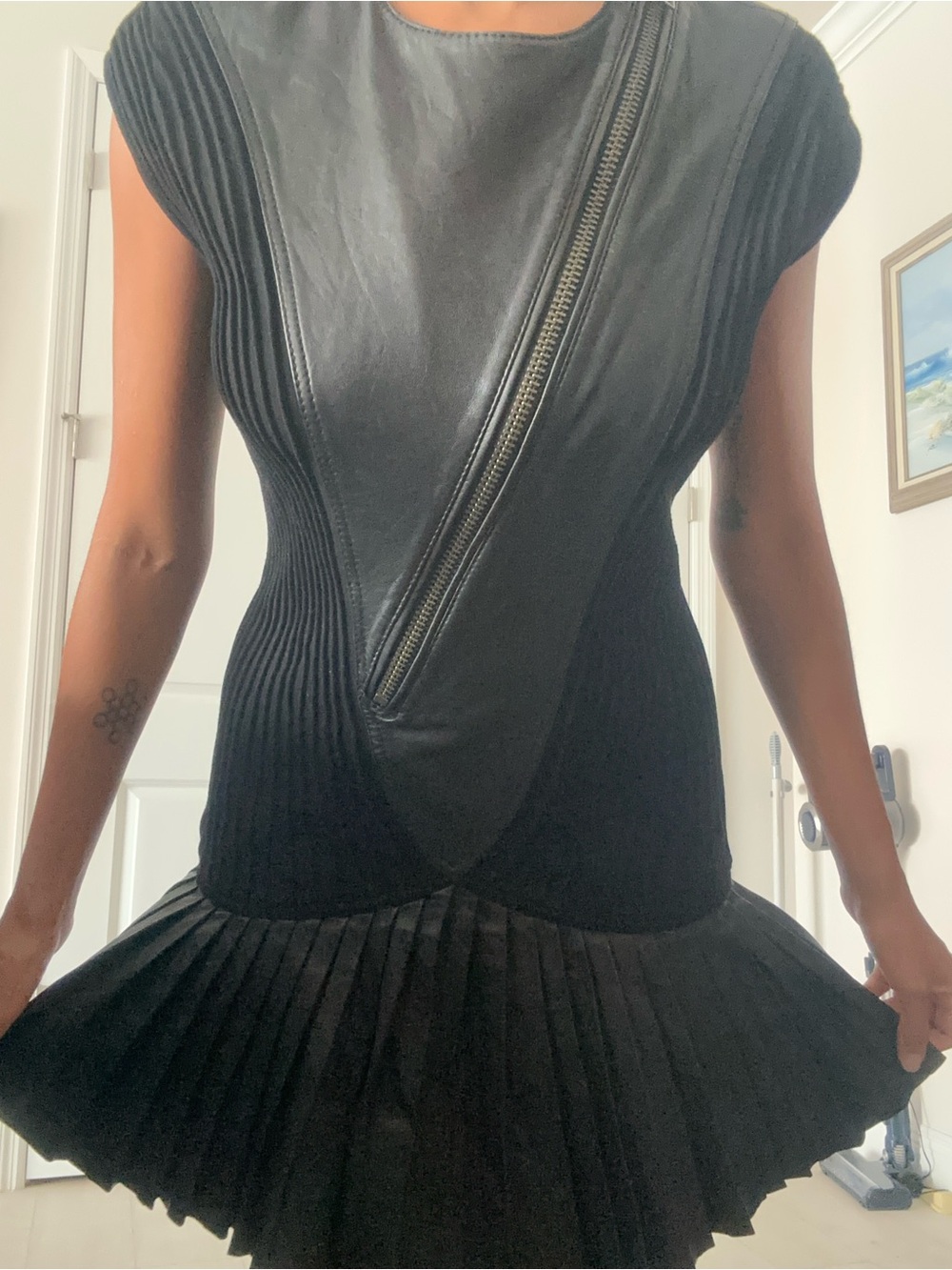 Catherine Malandrino Black Leather-Panel Pleated Mini Dress